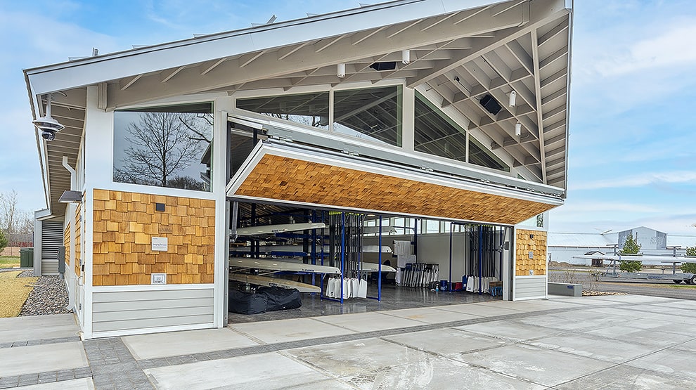 Schweiss bifold boathouse door installed on boathouse at Hamilton College Schweiss bifold boathouse door installed on boathouse at Hamilton College