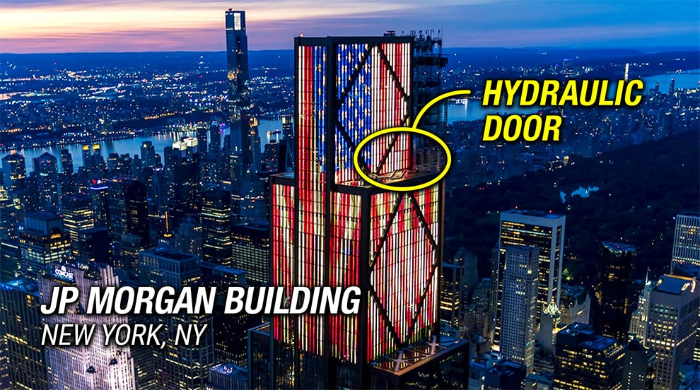 Aerial photo of Schweiss hydraulic designer door installed JP Morgan Building in New York City Aerial photo of Schweiss hydraulic designer door installed JP Morgan Building in New York City