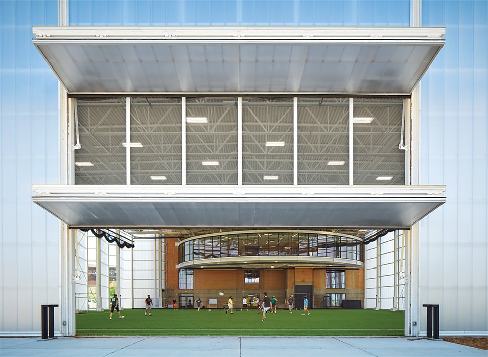 Interior view of Schweiss bifold doors fitted on Beloit College Powerhouse shown open