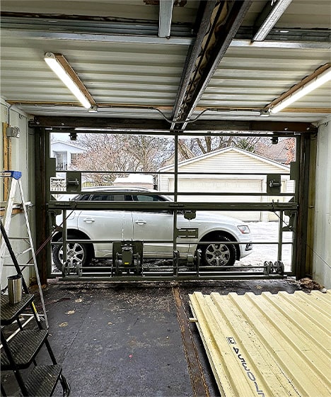 Interior view of Schweiss container door frame fitted on container garage shown closed Interior view of Schweiss container door frame fitted on container garage shown closed