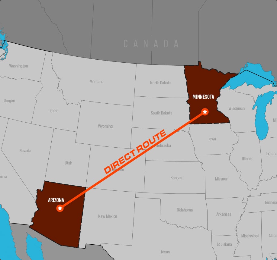 Map showing frequent route from Minnesota to Arizona