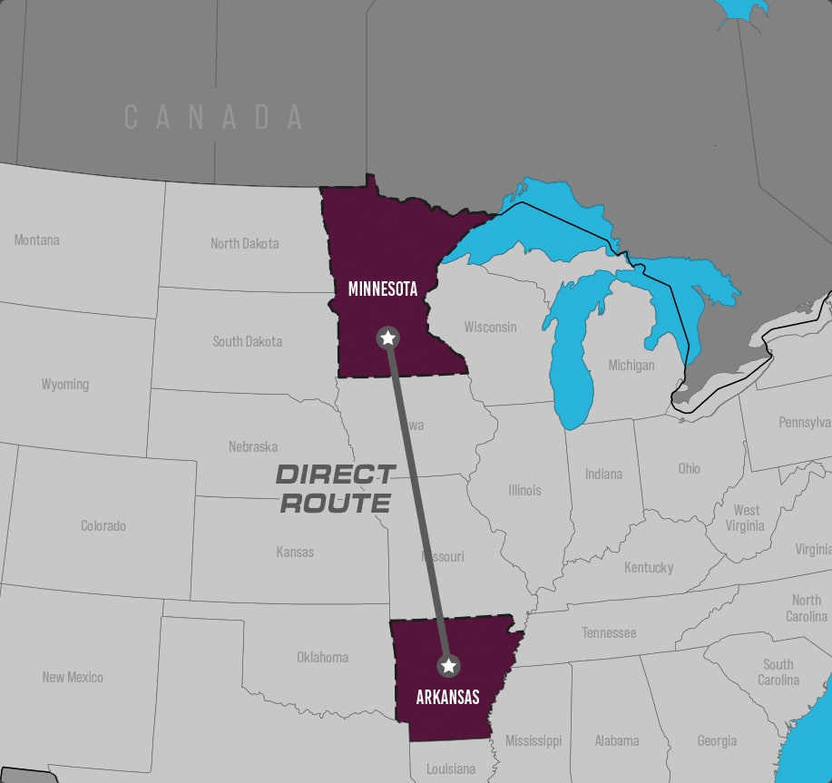 Map showing frequent route from Minnesota to Arkansas