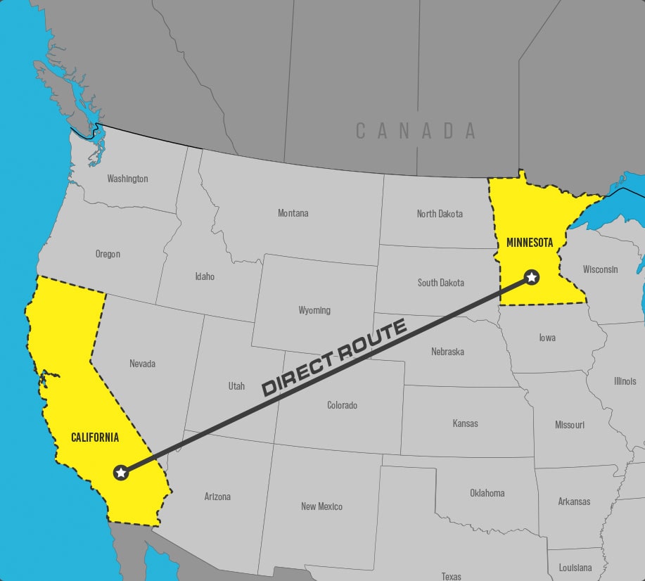 Map showing frequent route from Minnesota to California