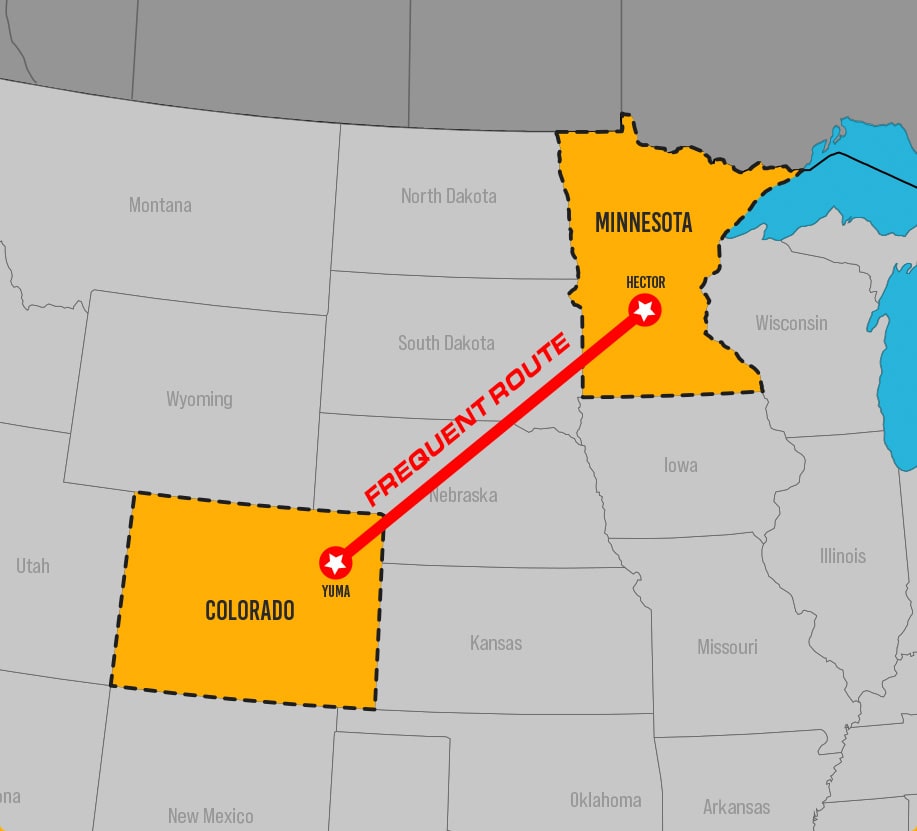 Map showing frequent route from Minnesota to Colorado