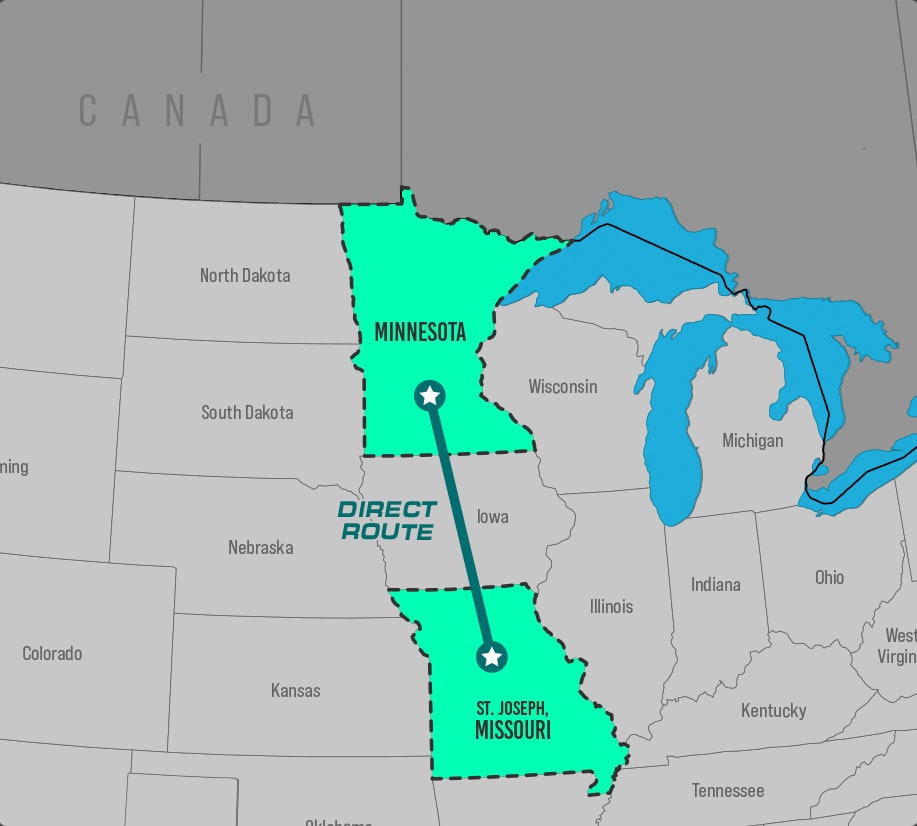 Map showing frequent route from Minnesota to Missouri