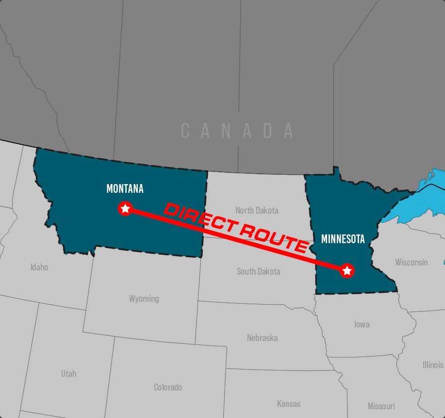 Map showing frequent route from Minnesota to Montana