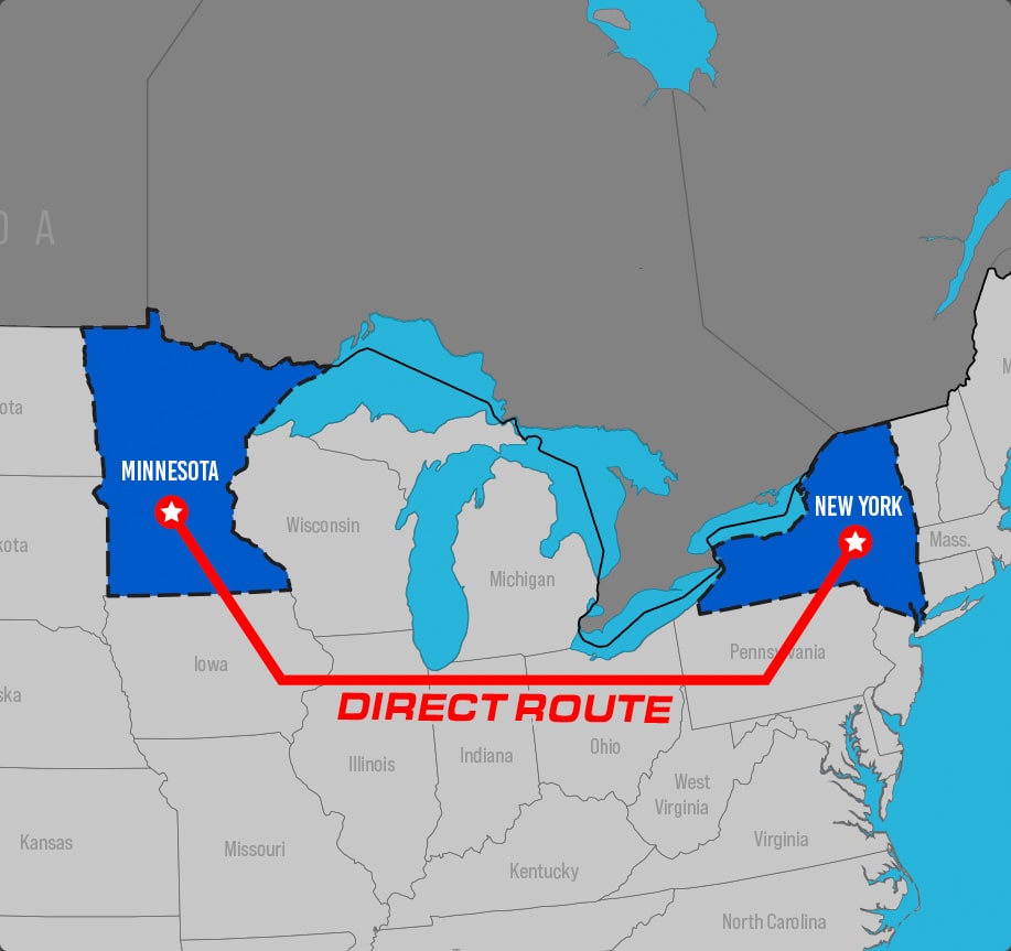 Map showing frequent route from Minnesota to New York