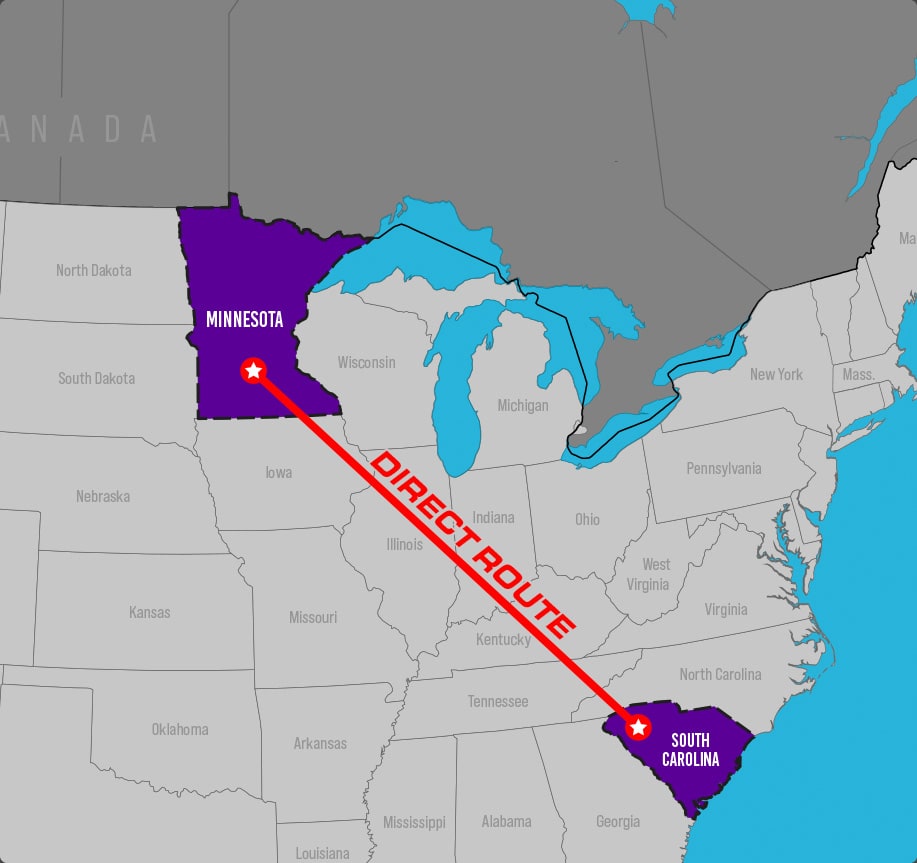 Map showing frequent route from Minnesota to South Carolina