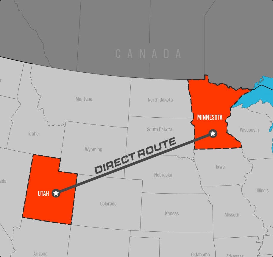 Map showing frequent route from Minnesota to Utah