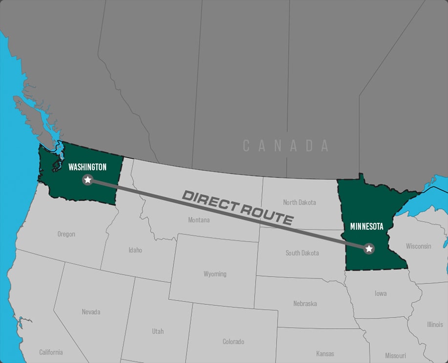 Map showing frequent route from Minnesota to Washington